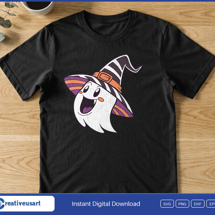 A smiling ghost wearing a purple and orange striped witch hat, on a black t-shirt