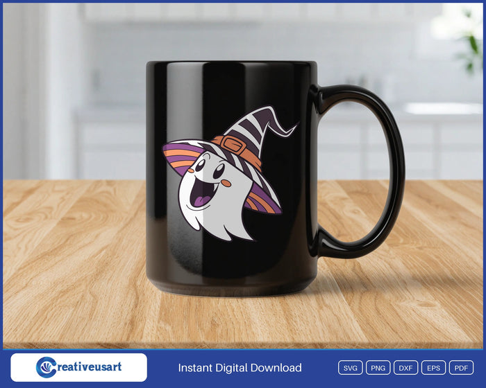 Happy ghost in a striped witch hat SVG design on a black coffee mug
