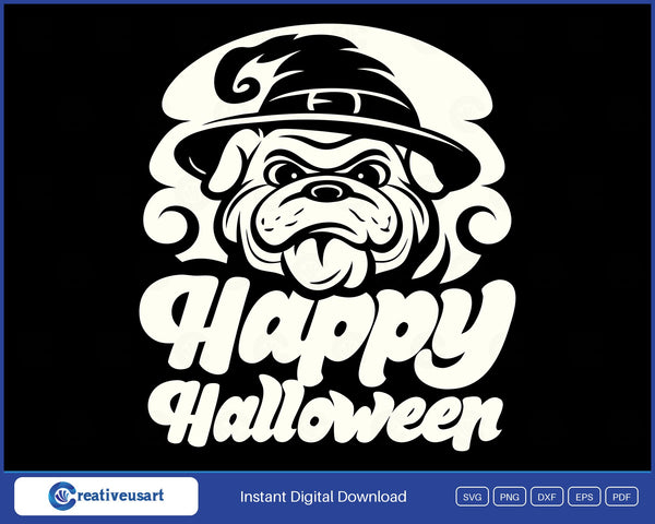 Happy Halloween bulldog in a witch hat SVG design on black background