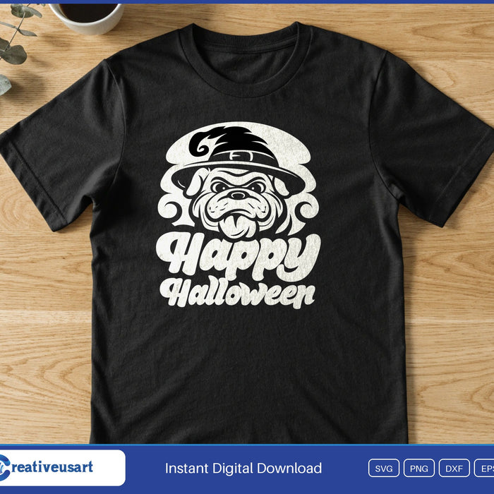 A bulldog face in a witch hat above the retro words Happy Halloween, on a black t-shirt