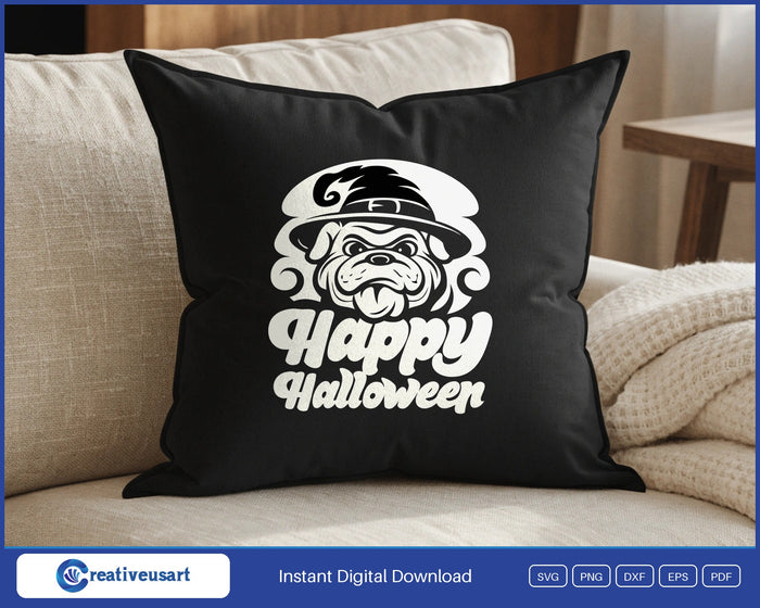 Happy Halloween bulldog witch hat SVG design on a black throw pillow