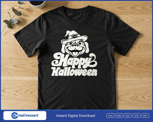 Happy Halloween Grinning Bulldog SVG PNG Digital Printable Files - on a t-shirt