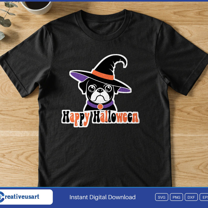 Happy Halloween pug witch hat SVG printed on a black t-shirt