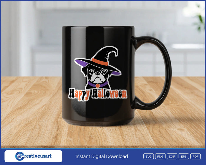 Happy Halloween pug witch hat SVG design on a black coffee mug