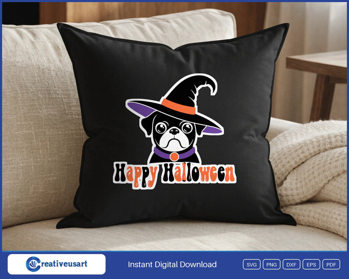 Happy Halloween pug witch hat SVG design on a black throw pillow