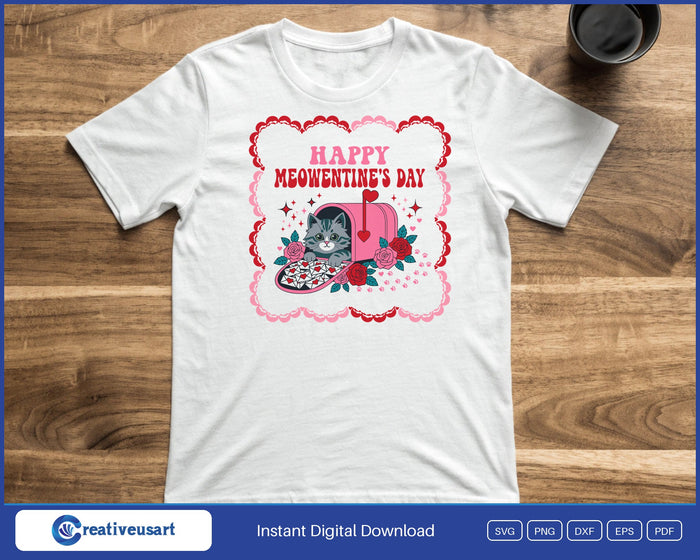 Happy Meowentines Day mailbox kitten design printed on a white t-shirt