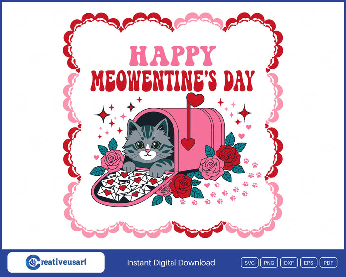 Happy Meowentines Day SVG, grey tabby kitten peeking out of a pink mailbox of love letters in a lace frame