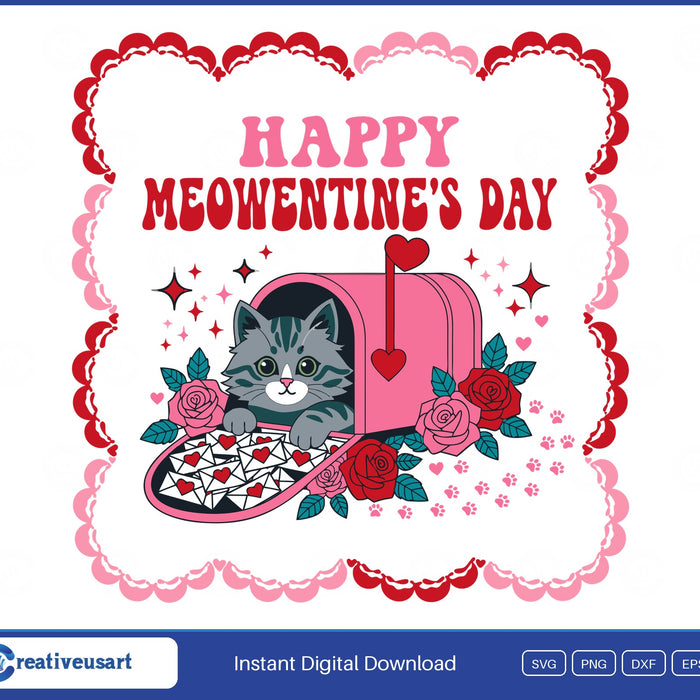 Happy Meowentines Day SVG, grey tabby kitten peeking out of a pink mailbox of love letters in a lace frame