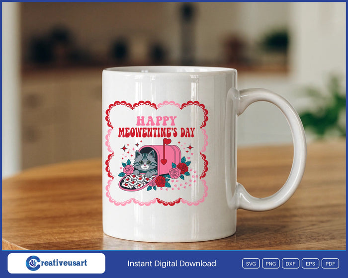 Happy Meowentines Day mailbox kitten design on a white coffee mug