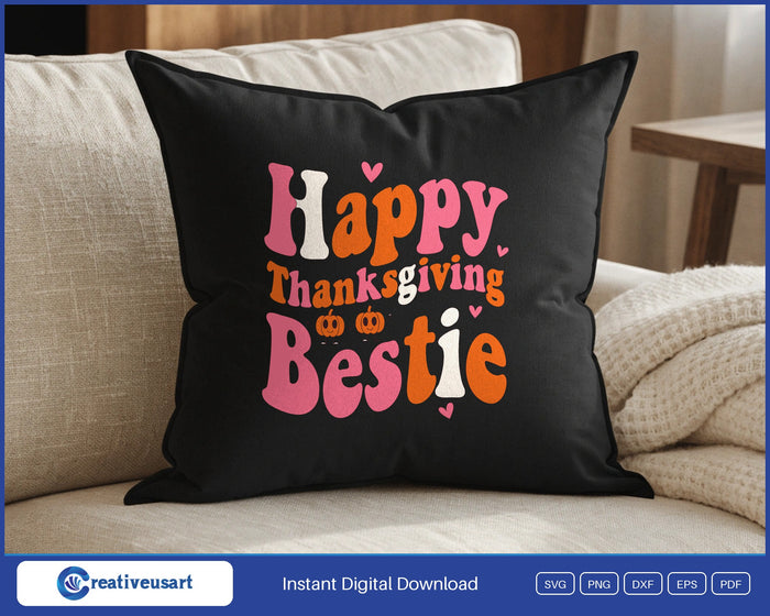 Happy Thanksgiving Bestie pumpkins holding hands SVG design on a black throw pillow