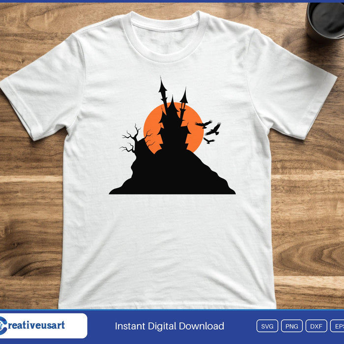 A black haunted castle on a hill with a bare tree and bats against an orange moon, on a white t-shirt