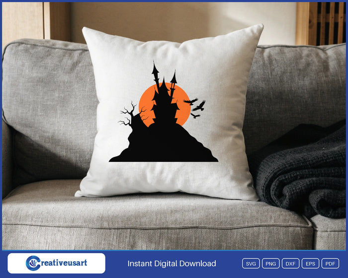 Haunted castle on a hill with orange moon Halloween SVG design on a white throw pillow