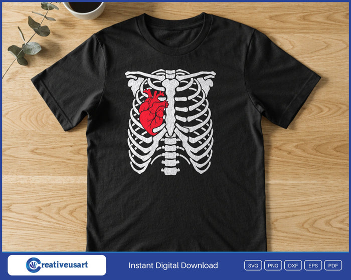 Skeleton rib cage anatomical heart design printed on a black t-shirt