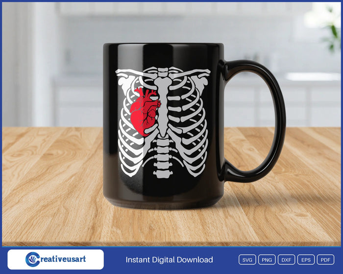 Skeleton rib cage anatomical heart design on a black coffee mug