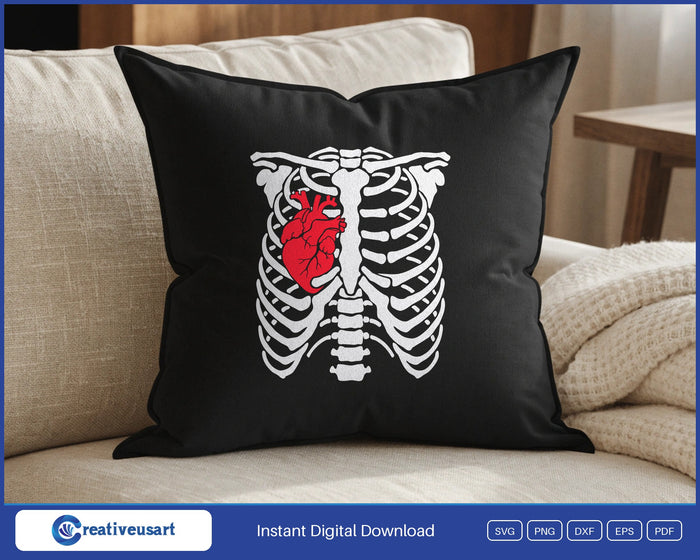 Skeleton rib cage anatomical heart design on a black throw pillow