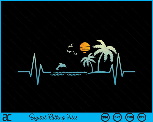 Heartbeat Tropical Palm Trees Beach Island Sunset SVG PNG Digital Cutting File