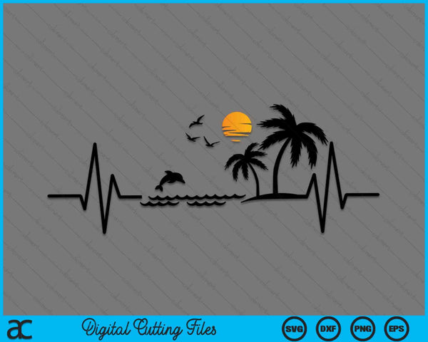 Latido del corazón con palmeras tropicales, isla de playa y delfines SVG PNG archivos de corte digital
