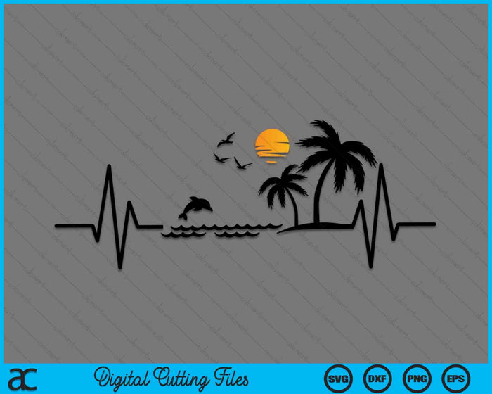 Heartbeat with Tropical Palm Trees Beach Island and Dolphin SVG PNG Digital Cutting Files