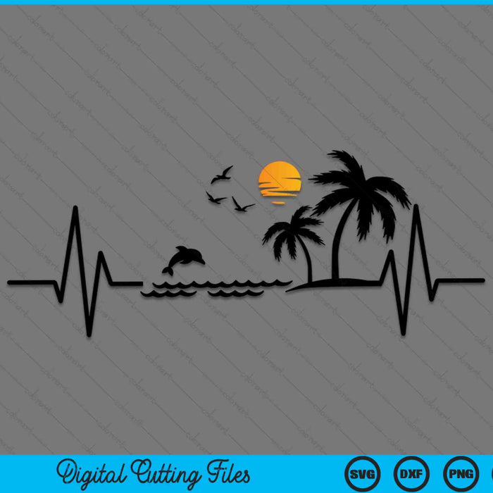 Heartbeat with tropical palm trees beach island and dolphin SVG cut file