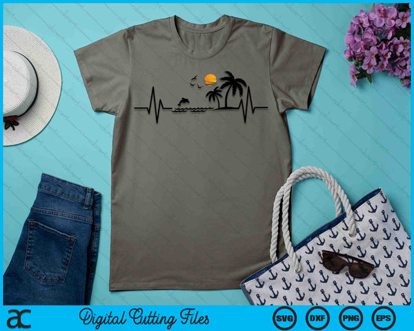 Latido del corazón con palmeras tropicales, isla de playa y delfines SVG PNG archivos de corte digital - on a t-shirt