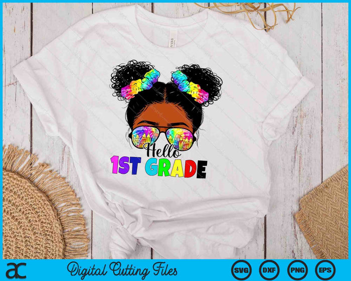 Hello 1st Grade Black Messy Bun Girls Kids Back To School SVG PNG Digital Printable Files