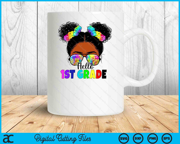Hello 1st Grade Black Messy Bun Girls Kids Back To School SVG PNG Digital Printable Files