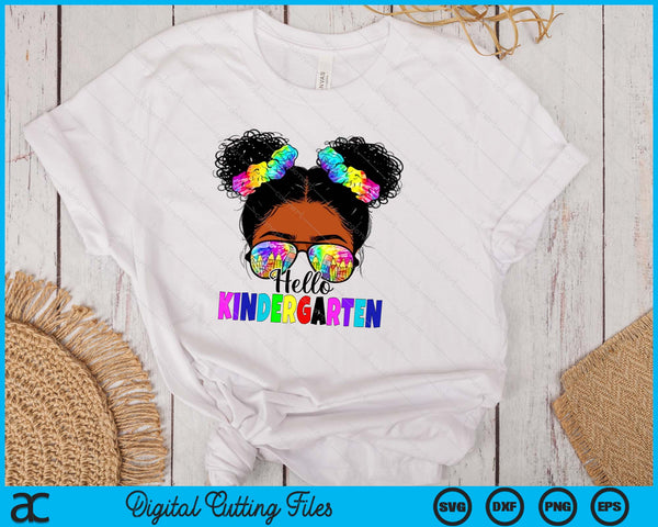 Hello Kindergarten Black Messy Bun Back To School SVG PNG Digital Printable Files