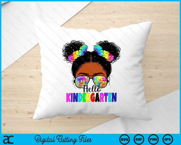 Hello Kindergarten Black Messy Bun Back To School SVG PNG Digital Printable Files