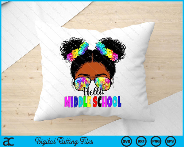 Hello Middle school Black Messy Bun Girls Kids Back To School SVG PNG Digital Printable Files