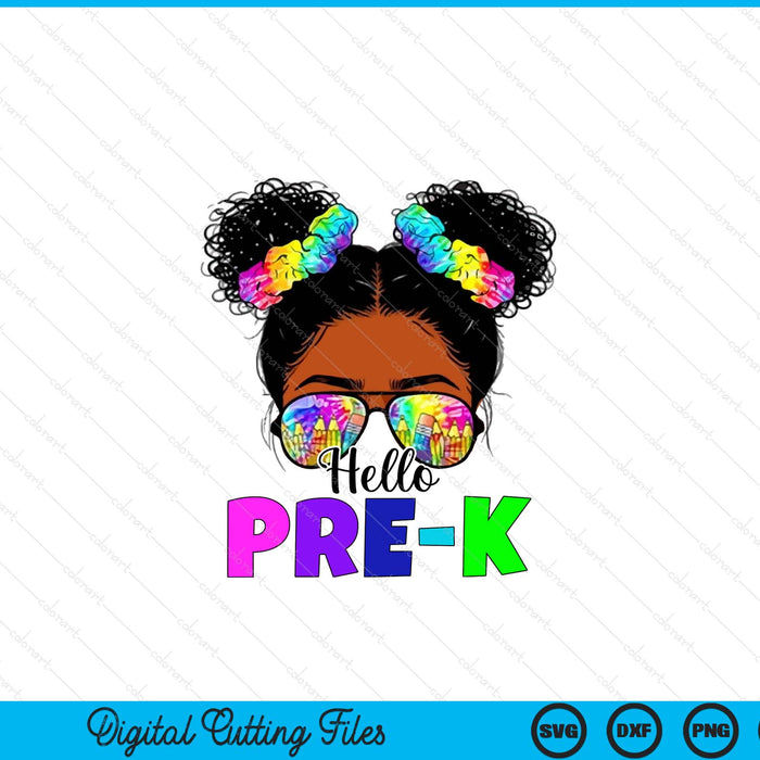 Hello Pre-K Black Messy Bun Back To School SVG PNG Digital Printable Files