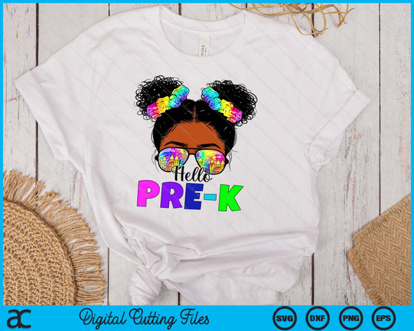 Hello Pre-K Black Messy Bun Back To School SVG PNG Digital Printable Files