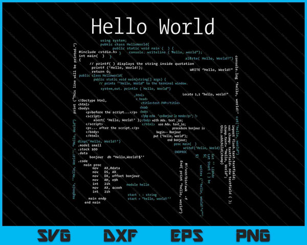 Hallo wereld codering, computerprogrammeertalen SVG PNG digitale snijbestanden