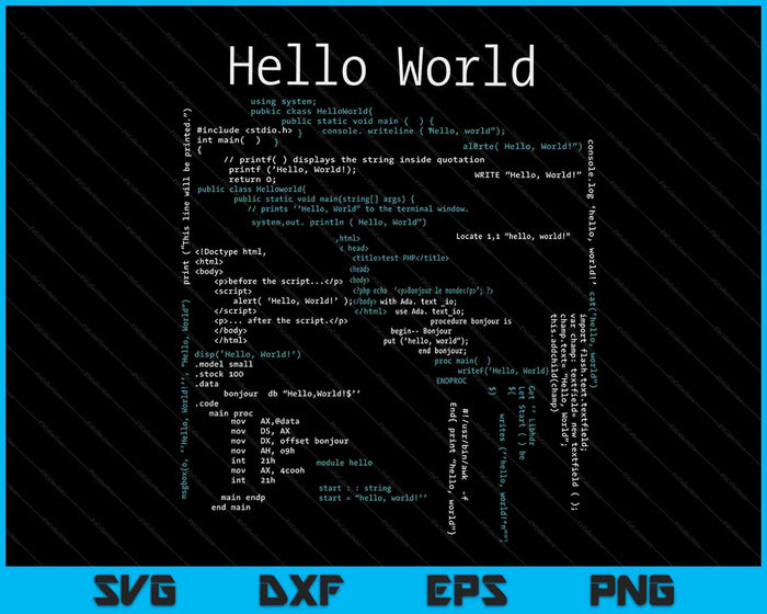 Hello World Coding, Computer Programming Languages SVG PNG Digital Cutting Files