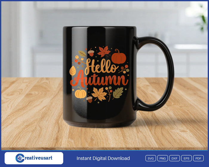 Hello Autumn pumpkin wreath SVG design on a black coffee mug