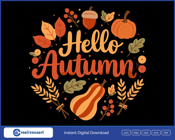 Hello Autumn harvest wreath SVG design with striped gourd and tied wheat on black background