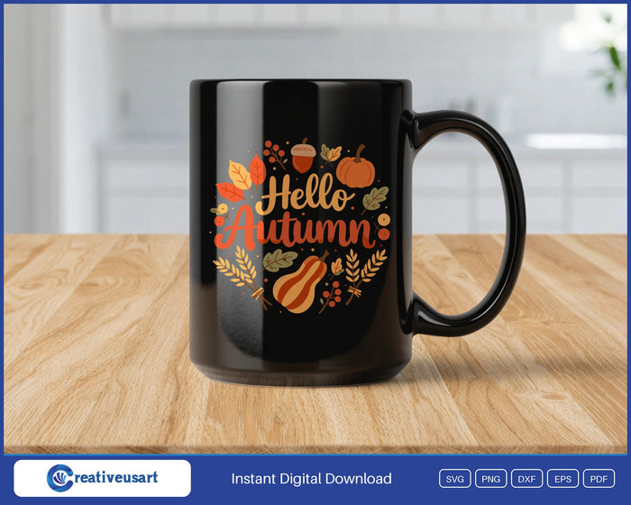 Hello Autumn harvest wreath SVG design on a black coffee mug