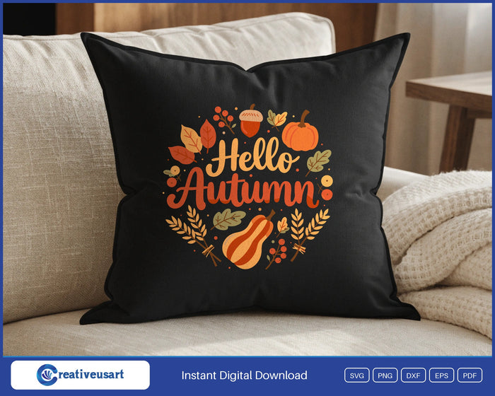 Hello Autumn harvest wreath SVG design on a black throw pillow