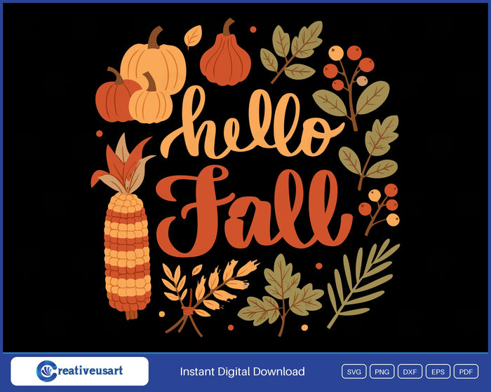 Hello Fall SVG design with stacked pumpkins and an ear of corn on black background