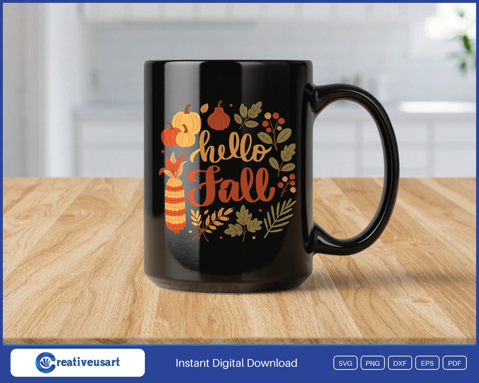 Hello Fall pumpkin and corn wreath SVG design on a black coffee mug