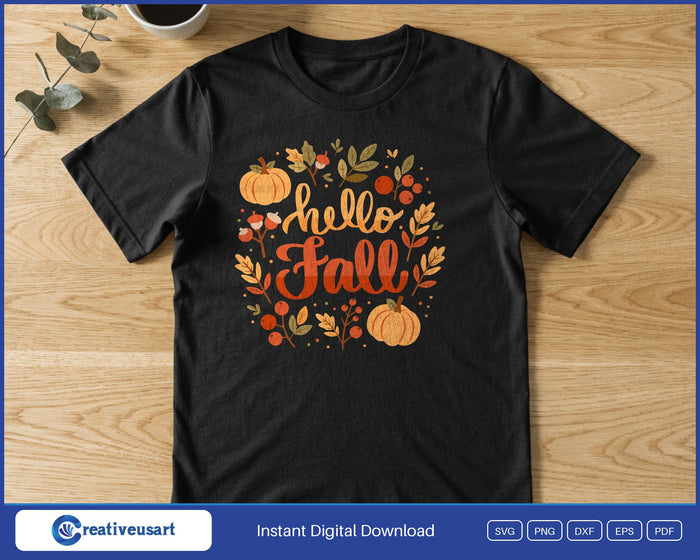 Hello Fall acorn wreath SVG printed on a black t-shirt