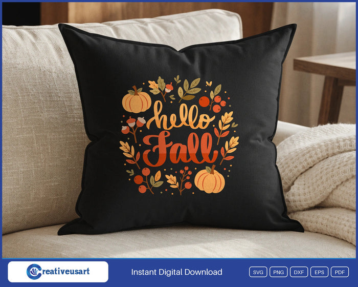 Hello Fall acorn wreath SVG design on a black throw pillow
