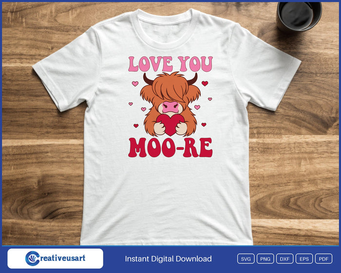 Highland Cow Valentine SVG printed on a white t-shirt