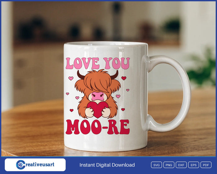 Highland Cow Valentine SVG design on a white coffee mug