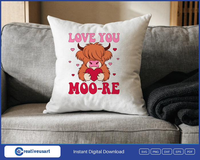 Highland Cow Valentine SVG design on a white throw pillow