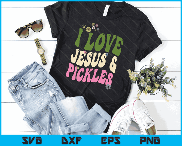 Hippie Groovy Ik hou van augurken &amp; Jesus Pickle Retro Vegetarische SVG PNG digitale snijbestanden
