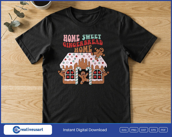 Home Sweet Gingerbread Home gingerbread house SVG printed on a black t-shirt