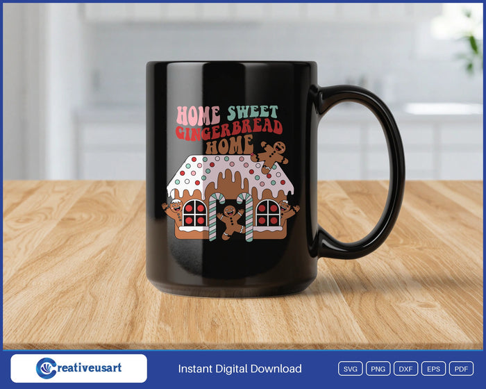 Home Sweet Gingerbread Home gingerbread house SVG design on a black coffee mug
