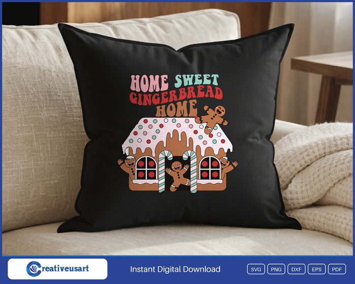 Home Sweet Gingerbread Home gingerbread house SVG design on a black throw pillow