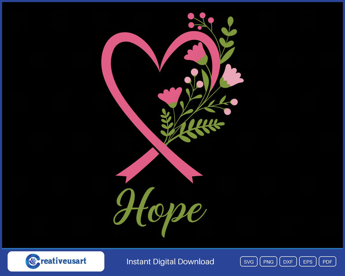 Hope pink ribbon heart with flowers breast cancer SVG design on black background