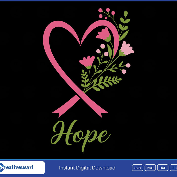 Hope pink ribbon heart with flowers breast cancer SVG design on black background